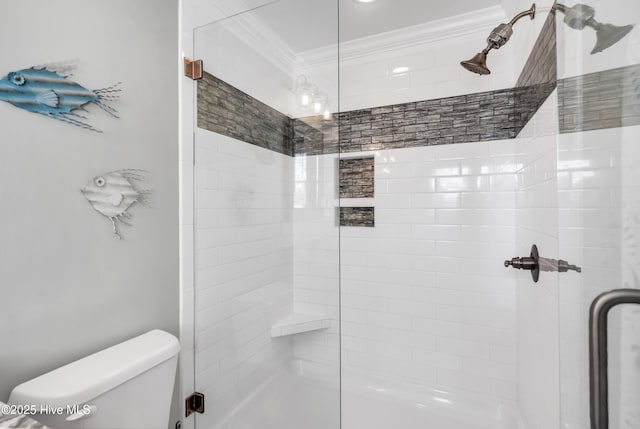 107 SW 25th St, Oak Island, NC 28465 - bathroom featuring a shower stall, toilet, and crown molding