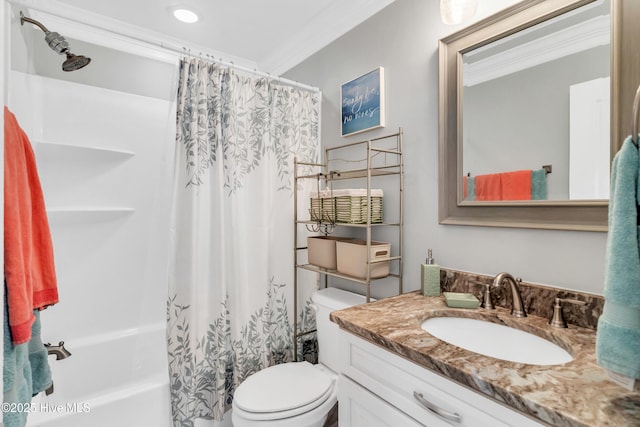 107 SW 25th St, Oak Island, NC 28465 - bathroom with shower / tub combo with curtain, ornamental molding, toilet, and vanity