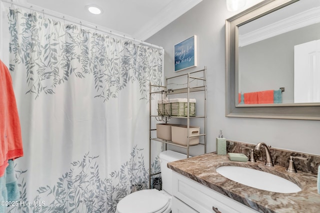 107 SW 25th St, Oak Island, NC 28465 - full bath featuring crown molding, toilet, a shower with shower curtain, and vanity