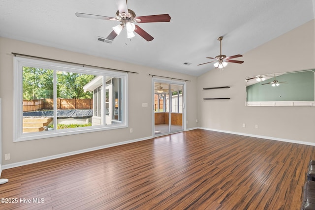 unfurnished living room featuring visible vents, ceiling fan, and a healthy amount of sunlight