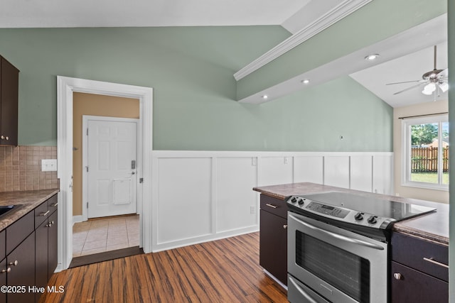 kitchen with electric stove, vaulted ceiling, backsplash, a ceiling fan, and dark wood-type flooring