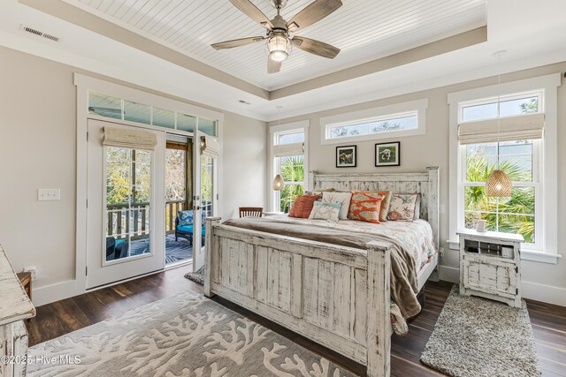 117 NW 2nd St, Oak Island, NC 28465 - bedroom with visible vents, access to exterior, multiple windows, and a raised ceiling