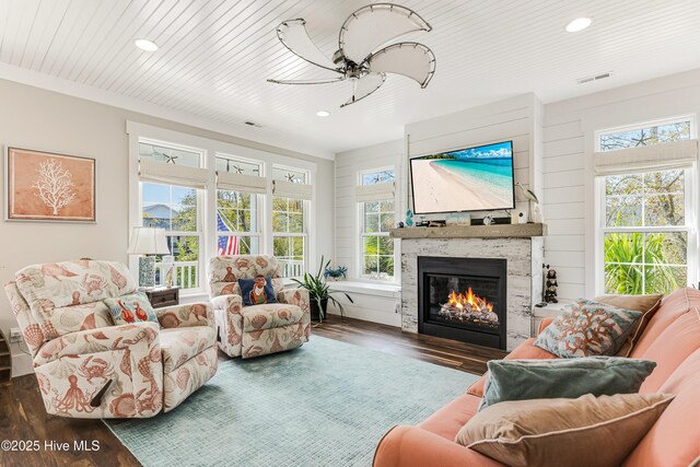 117 NW 2nd St, Oak Island, NC 28465 - living room featuring wood finished floors, a glass covered fireplace, visible vents, and plenty of natural light