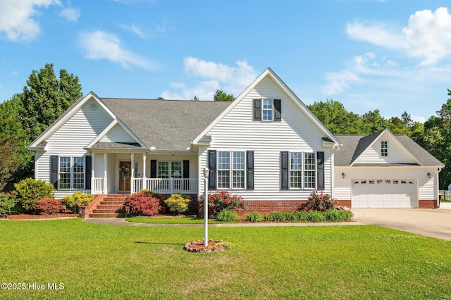 view of front of home with an attached garage, a front yard, a shingled roof, concrete driveway, and a porch