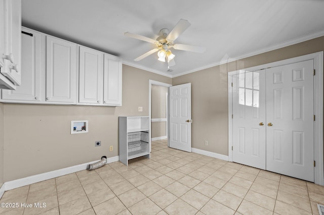 laundry area featuring cabinet space, washer hookup, a ceiling fan, electric dryer hookup, and ornamental molding