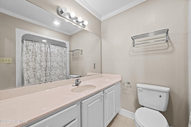 full bath with crown molding, vanity, baseboards, and toilet