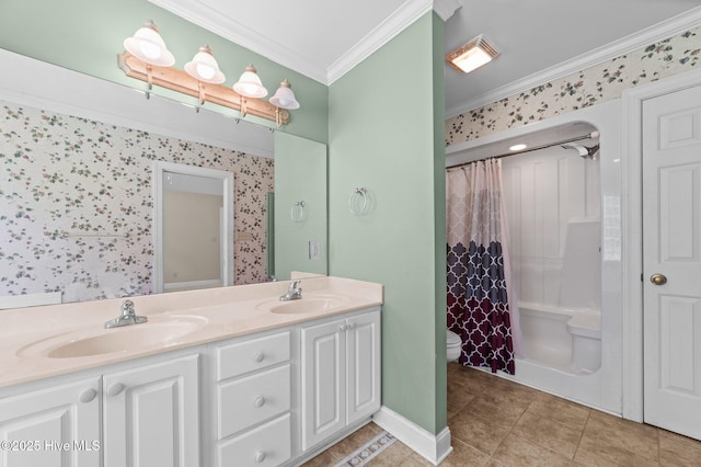 full bath featuring curtained shower, a sink, tile patterned floors, and ornamental molding