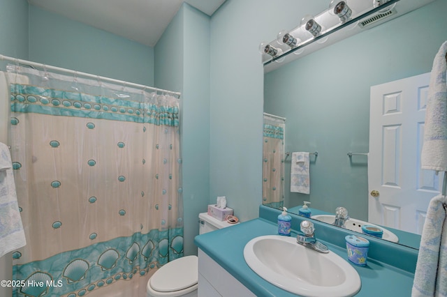 full bath with toilet, visible vents, and vanity
