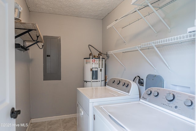 4915 Beulah Hill Church Rd, West End, NC 27376 - laundry room featuring electric water heater, electric panel, washer and clothes dryer, baseboards, and a textured ceiling