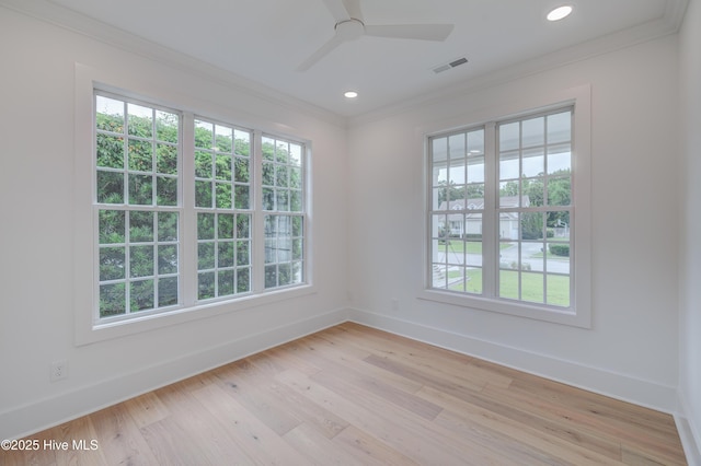 226 Bayfield Dr, Wilmington, NC 28411 - unfurnished room featuring ornamental molding, healthy amount of natural light, a ceiling fan, light wood-style flooring, and recessed lighting