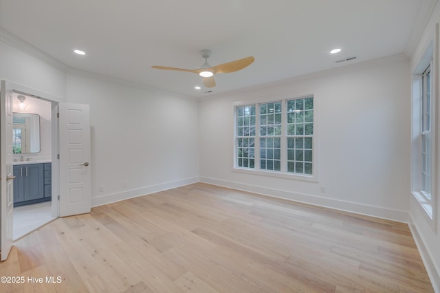 226 Bayfield Dr, Wilmington, NC 28411 - spare room with crown molding, ceiling fan, light wood-style flooring, and recessed lighting