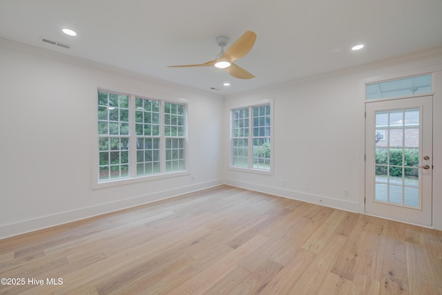 226 Bayfield Dr, Wilmington, NC 28411 - spare room with crown molding, light wood-style flooring, a ceiling fan, plenty of natural light, and recessed lighting