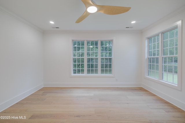 226 Bayfield Dr, Wilmington, NC 28411 - unfurnished room featuring ornamental molding, light wood-style flooring, ceiling fan, and recessed lighting