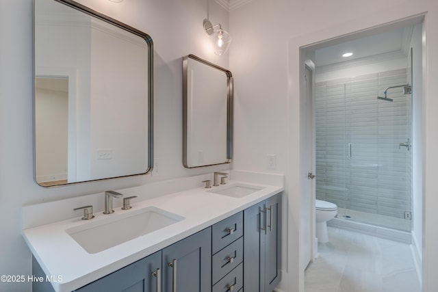 226 Bayfield Dr, Wilmington, NC 28411 - bathroom featuring a shower stall, double vanity, crown molding, and recessed lighting