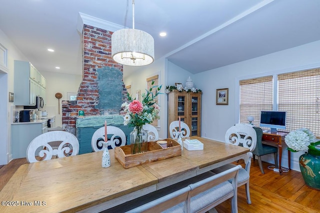 411 Queen St, New Bern, NC 28560 - dining area with an inviting chandelier, recessed lighting, and light wood-style flooring