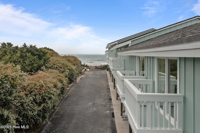exterior space featuring a beach view