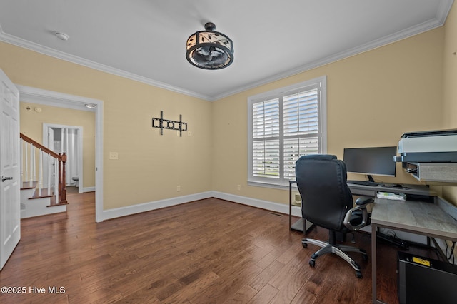 281 Whichard Ln, Chocowinity, NC 27817 - home office featuring ornamental molding, dark wood-style flooring, and baseboards
