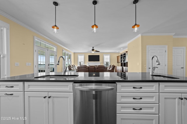 281 Whichard Ln, Chocowinity, NC 27817 - kitchen featuring stainless steel dishwasher, a sink, crown molding, ceiling fan, and white cabinets