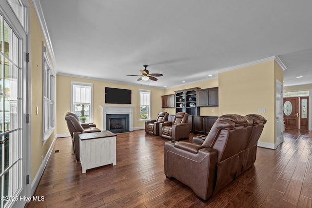 281 Whichard Ln, Chocowinity, NC 27817 - living area featuring ornamental molding, a fireplace, dark wood finished floors, a ceiling fan, and recessed lighting