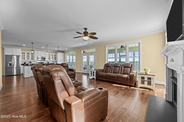 281 Whichard Ln, Chocowinity, NC 27817 - living room featuring ceiling fan, a fireplace with flush hearth, ornamental molding, dark wood-type flooring, and recessed lighting