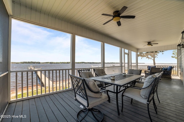 281 Whichard Ln, Chocowinity, NC 27817 - sunroom / solarium with a ceiling fan, a water view, outdoor dining space, and an outdoor hangout area