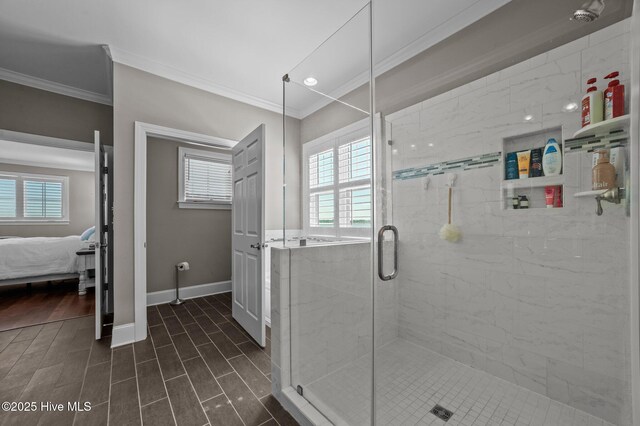 281 Whichard Ln, Chocowinity, NC 27817 - ensuite bathroom featuring crown molding, a stall shower, baseboards, wood finished floors, and recessed lighting