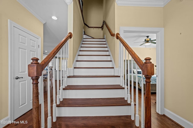 281 Whichard Ln, Chocowinity, NC 27817 - staircase featuring ceiling fan, ornamental molding, wood finished floors, baseboards, and recessed lighting