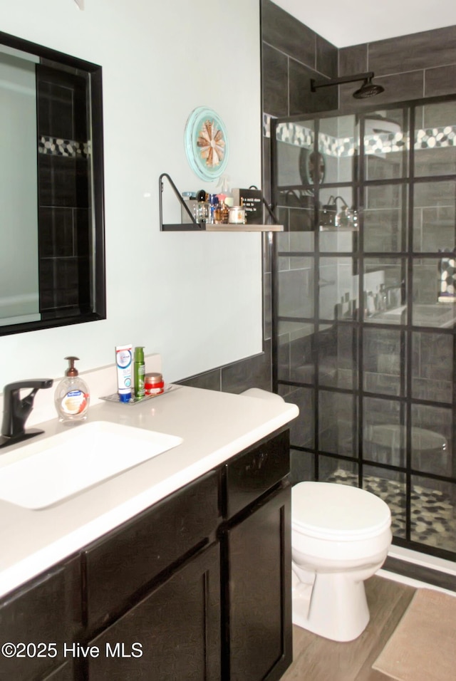 314 Nugget Trl, Elizabeth City, NC 27909 - bathroom featuring a stall shower, vanity, toilet, and wood finished floors