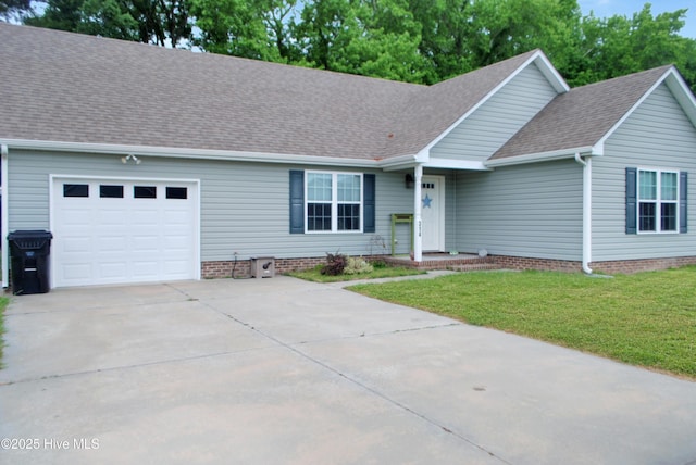 314 Nugget Trl, Elizabeth City, NC 27909 - ranch-style home featuring an attached garage, concrete driveway, a shingled roof, and a front yard