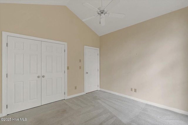 17 Windsong Pl, Whispering Pines, NC 28327 - unfurnished bedroom with carpet, a closet, high vaulted ceiling, and ceiling fan