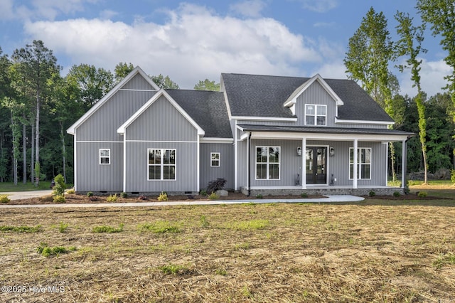 6445 Red Oak Rd, Battleboro, NC 27809 - view of front of home featuring crawl space, covered porch, roof with shingles, and board and batten siding