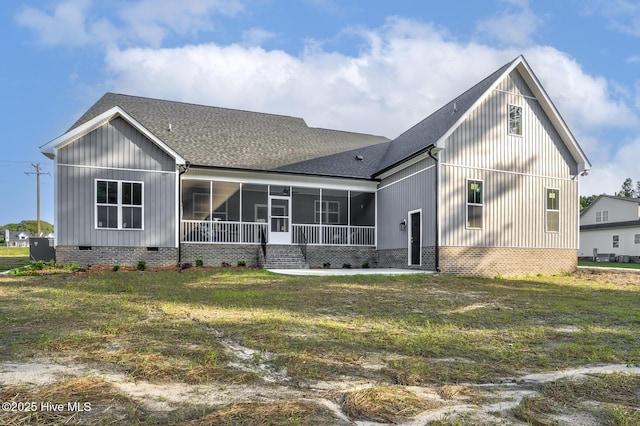 6445 Red Oak Rd, Battleboro, NC 27809 - rear view of house with a shingled roof, a sunroom, crawl space, and a yard