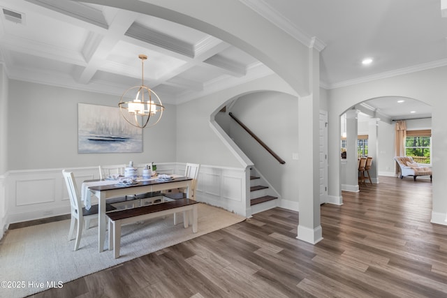 57 N Passerine Path, Hampstead, NC 28443 - dining room featuring wood finished floors, ornamental molding, recessed lighting, beam ceiling, and a chandelier