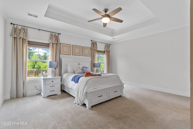 57 N Passerine Path, Hampstead, NC 28443 - bedroom featuring a tray ceiling, multiple windows, light colored carpet, and ornamental molding