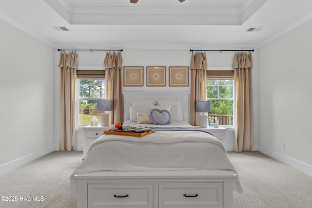 57 N Passerine Path, Hampstead, NC 28443 - bedroom featuring a raised ceiling, light colored carpet, multiple windows, and crown molding