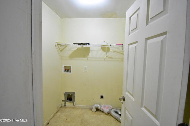 washroom with electric dryer hookup, hookup for a washing machine, laundry area, and baseboards