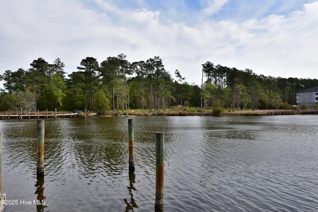 view of water feature with a boat dock and a wooded view