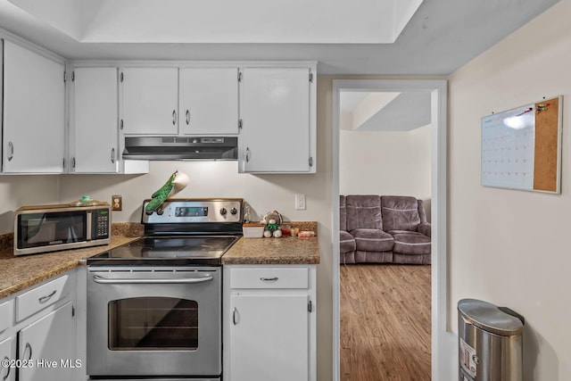 213 Spruce Ct, Jacksonville, NC 28546 - kitchen featuring stainless steel appliances, under cabinet range hood, white cabinetry, and wood finished floors