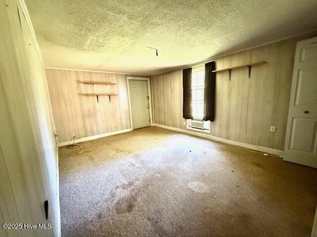 carpeted spare room featuring wooden walls, a textured ceiling, and baseboards