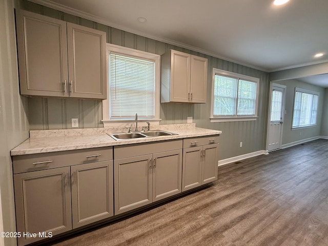 kitchen with baseboards, a sink, crown molding, wood finished floors, and gray cabinets