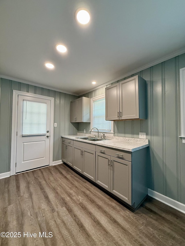 kitchen featuring gray cabinets, dark wood finished floors, a sink, and ornamental molding
