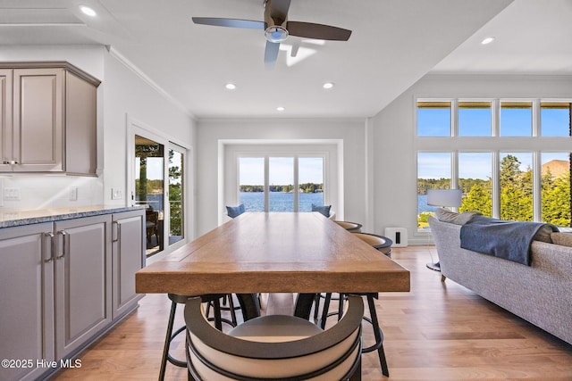 120 Clay Cir W, End, NC 27376 - dining space featuring light wood finished floors, a ceiling fan, recessed lighting, and crown molding