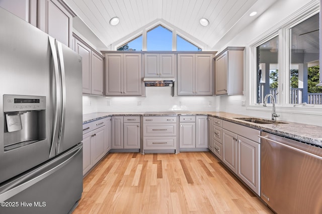 120 Clay Cir W, End, NC 27376 - kitchen with stainless steel appliances, a sink, plenty of natural light, extractor fan, and gray cabinets