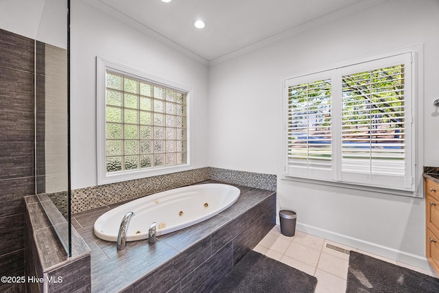 120 Clay Cir W, End, NC 27376 - bathroom with a tub with jets, tile patterned floors, vanity, baseboards, and ornamental molding