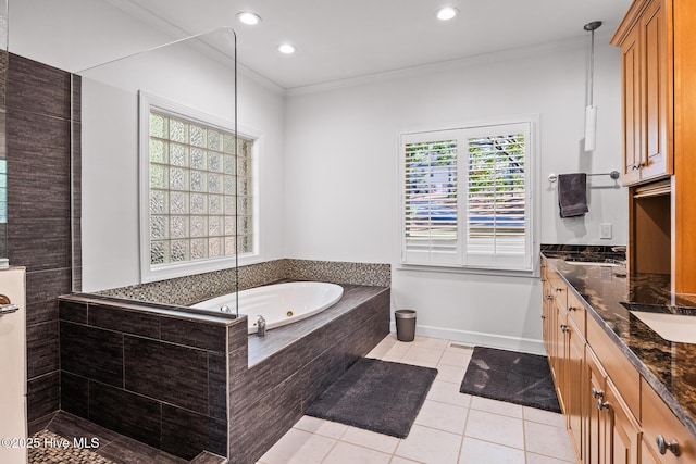 120 Clay Cir W, End, NC 27376 - bathroom with tile patterned floors, double vanity, recessed lighting, a whirlpool tub, and ornamental molding