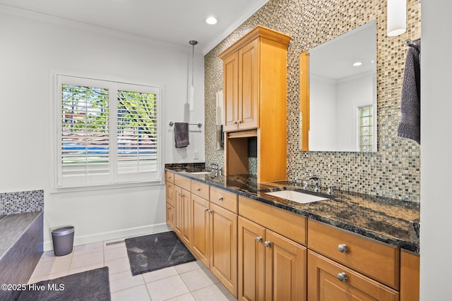120 Clay Cir W, End, NC 27376 - full bath with backsplash, crown molding, tile patterned flooring, and a sink