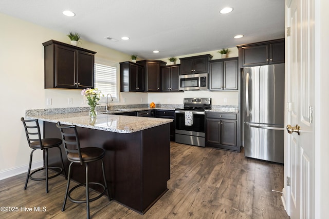 kitchen featuring stainless steel appliances, a peninsula, a sink, and dark wood finished floors