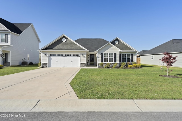craftsman-style house featuring a garage, cooling unit, stone siding, a front lawn, and concrete driveway