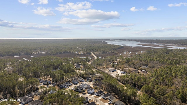 drone / aerial view with a wooded view