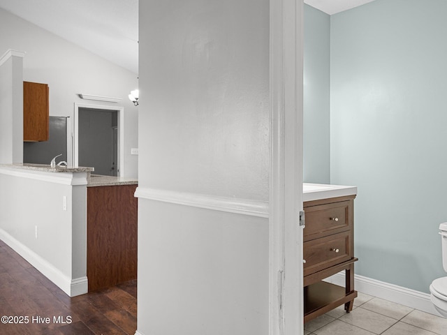 interior space featuring vanity, wood finished floors, toilet, baseboards, and vaulted ceiling